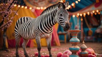 A zebra stands in a colorful circus setting surrounded by decorative elements. photo