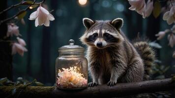 A raccoon beside a glowing jar filled with flowers in a serene forest setting. photo