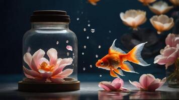 A goldfish swims near a jar with pink flowers, creating a serene aquatic scene. photo