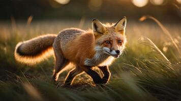 A fox walks gracefully through tall grass during sunset, showcasing its vibrant fur and alert demeanor. photo