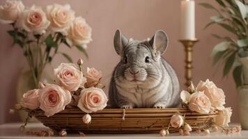 A cute chinchilla surrounded by soft pink roses on a decorative table. photo