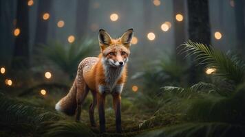 A fox stands in a misty forest, illuminated by soft glowing lights. photo