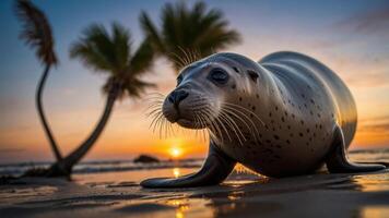 A seal lounging on a beach at sunset, framed by palm trees. photo