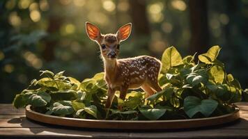 A fawn standing among lush green leaves in a serene forest setting. photo