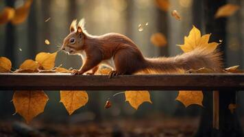 A squirrel on a wooden bench surrounded by autumn leaves in a serene forest setting. photo
