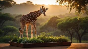 A giraffe stands on a platform surrounded by greenery at sunset. photo