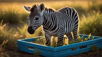 A zebra calf standing in a blue crate filled with green plants in a sunlit field. photo
