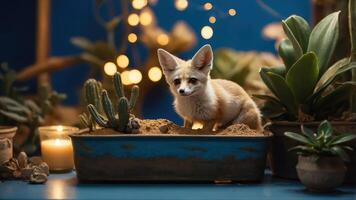 A fennec fox sits in a sandy pot surrounded by plants and soft lighting. photo