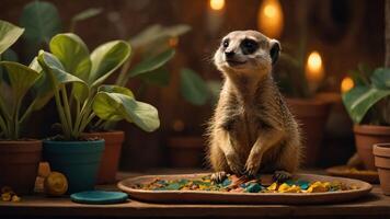 A meerkat sitting on a plate of colorful food surrounded by potted plants. photo