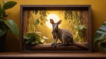 A framed scene featuring a kangaroo amidst lush foliage and a glowing backdrop. photo