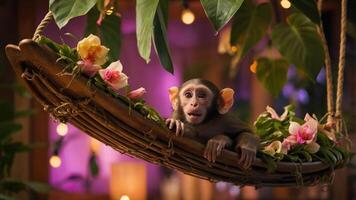 A playful monkey resting on a flower-adorned swing in a vibrant, tropical setting. photo