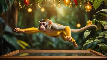 A vibrant monkey leaps gracefully in a lush, illuminated jungle setting. photo
