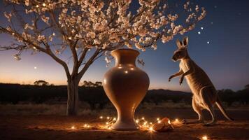 A kangaroo stands near a decorative vase under a flowering tree at dusk, with fairy lights. photo