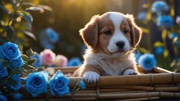 A cute puppy resting in a basket surrounded by blue roses in a serene garden setting. photo