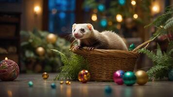 A ferret sitting in a basket surrounded by colorful ornaments and greenery in a cozy setting. photo