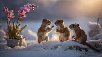 Three squirrels play with a glowing jar in a snowy landscape beside a blooming orchid. photo