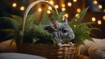 A chinchilla nestled in a basket surrounded by ferns and soft lighting. photo