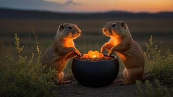 Two prairie dogs gather around a bowl of food, illuminated by soft light at sunset. photo