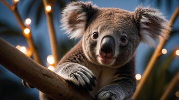 A close-up of a koala perched on a branch with soft lighting in the background. photo