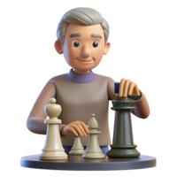 intense mesmerizing Senior man playing chess NO BACKGROUND with Transparent Background. 4K png