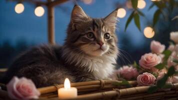 A serene cat resting in a basket surrounded by roses and soft candlelight. photo