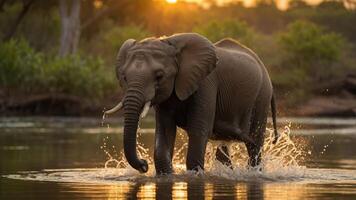 An elephant wades through a serene waterbody at sunset, creating splashes. photo