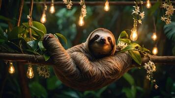 A sloth relaxing on a branch surrounded by flowers and glowing lights in a lush environment. photo