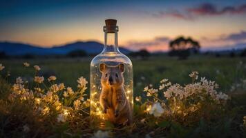 A whimsical scene featuring a small animal inside a glass bottle surrounded by flowers and lights. photo