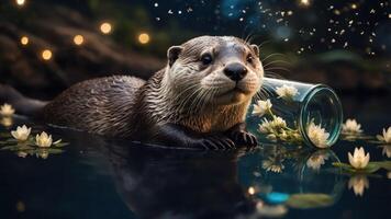 A serene otter rests by a jar, surrounded by water lilies and twinkling lights. photo