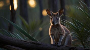 A kangaroo perched on a log in a serene forest setting during golden hour. photo