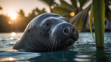 A seal swimming in calm water, surrounded by palm trees at sunset. photo