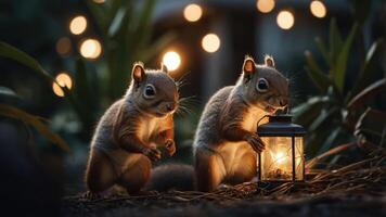 Two squirrels interacting with a lantern amidst soft glowing lights. photo