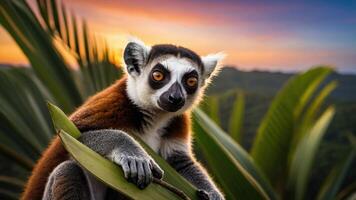 A close-up of a lemur perched on a leaf against a vibrant sunset backdrop. photo