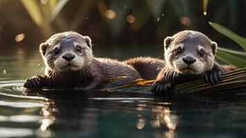 Two otters playfully floating in a serene water setting surrounded by greenery. photo