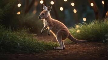 A kangaroo stands amidst soft lighting and lush greenery, creating a serene atmosphere. photo