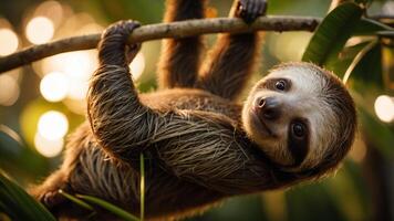 A sloth hanging from a branch in a lush, green environment with soft lighting. photo