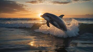 A dolphin leaps from the ocean at sunset, creating a beautiful and dynamic scene. photo