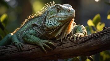 A close-up of a green iguana resting on a branch in a natural setting. photo