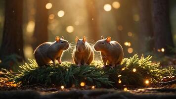 Three squirrels on a bed of greenery, illuminated by soft light in a forest setting. photo