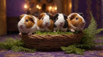 Four adorable guinea pigs sitting in a woven basket surrounded by greenery. photo