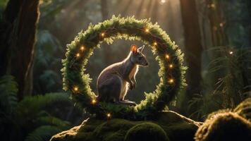 A kangaroo sits gracefully within a circular wreath adorned with lights in a forest setting. photo