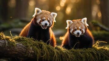 Two red pandas playfully perched on a moss-covered log in a forest setting. photo