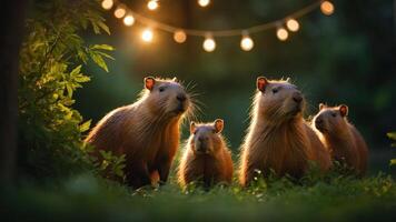 A group of capybaras gathered in a lush setting under warm string lights. photo