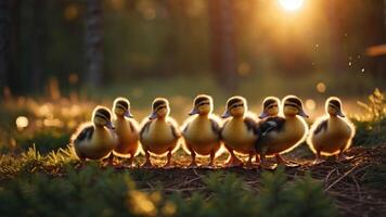 A group of fluffy ducklings standing in a sunlit forest setting. photo