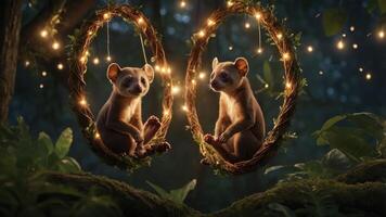 Two playful animals sitting in illuminated rings amidst a lush forest setting. photo