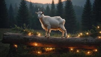 A goat stands on a log adorned with lights in a serene forest setting at dusk. photo