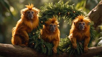 Three golden monkeys posed playfully around a festive wreath in a lush environment. photo
