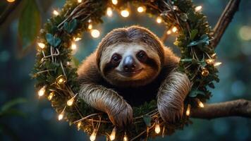 A sloth playfully posed in a festive wreath adorned with lights. photo