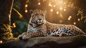 A serene leopard resting on a rock amidst a forest with soft, glowing lights in the background. photo
