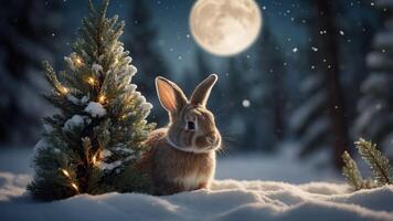 A serene winter scene featuring a rabbit near a decorated pine tree under a full moon. photo
